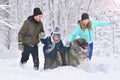 Father, mother, son and their big dog run in a winter snowy forest. Royalty Free Stock Photo