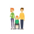 Father mother son wheelchair full length avatar on white background, successful family concept, flat cartoon