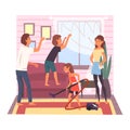 Father, Mother and Their Children Cleaning Room Together, Girl Vacuuming the Floor, Boy Washing Window, Family Cleaning