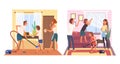 Father, Mother and Their Children Doing Housework Together Set, Family Cleaning Home on Weekend Vector Illustration Royalty Free Stock Photo