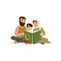 Father, mother and their little son sitting on floor and reading holy book. Islamic religion. Muslim family. Cartoon