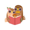 Father Owl Reading Book to His Owlet, Happy Family of Owls, Cute Cartoon Birds Characters Vector Illustration Royalty Free Stock Photo