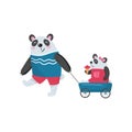 Father panda pulling his baby girl in toy wagon. Child eating ice-cream. Happy family. Humanized animals in human