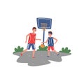 Father playing basketball with his son at court. Sport lifestyle. Outdoor activity. Fatherhood theme. Flat vector design