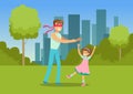 Father playing hide and seek with his daughter in city park outside, family leisure vector illustration Royalty Free Stock Photo