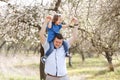 Father playing with his daughter in the park. Daughter sitting on father shoulders. Portrait of happy family. father`s, baby`s d Royalty Free Stock Photo