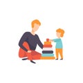 Father playing pyramid toy with his son, Dad and his kid having good time together vector Illustration on a white