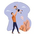 Father plays with son, throws him up. Against the background of sky, trees and flying snake. Concept of fatherhood, care