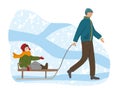 Father pulling sledge with kid. Happy man and smiling child on sled enjoying winter outdoor activity. Flat cartoon Royalty Free Stock Photo