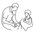 father putting a shoe on his daughter vector illustration outline sketch hand drawn with black lines isolated on white background