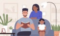 Father reading book for family, cartoon dad, mother and child sitting at cozy sofa, storytelling