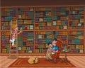 Father reading a book to his son on a big library.