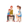 Father Reading a Book to his Son, Boy Sitting on Fathers Knees, Mother Sitting Next on Chair Vector Illustration Royalty Free Stock Photo