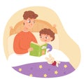 Father reading book to son in bed at home. Happy clever child learning activity vector illustration. Man spending time