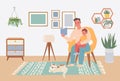 Father reading book together with son. Dad holding child and sitting in armchair in living room. Daddy telling a