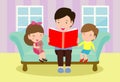 Father reading fairy tales to his son and daughter, family, reading and telling book fairy tale story Royalty Free Stock Photo