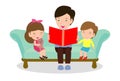 Father reading fairy tales to his son and daughter, family, reading and telling book fairy tale story