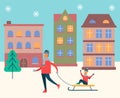 Father Rides Kid on Sled, Snowy Winter Cityscape