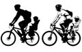 father riding a toddler in bicycle baby seat silhouette and sketch