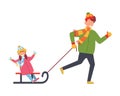Father rolls his daughter on a sled. Vector illustration on white isolated background