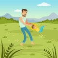 Father rotating his son on nature dad and son playing together on meadow, family leisure flat vector illustration