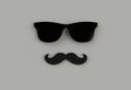 Father`s day concept. Hipster black sunglasses and funny moustache on gray background.