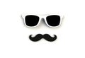 Father`s day concept. Hipster white sunglasses and funny moustache on white background