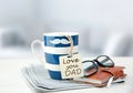 Father`s day concept objects,coffee mug.