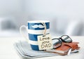 Father`s day concept objects.Coffee mug with tag.