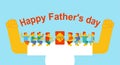 Father`s Day. Dad holds children in his arms. Kids are sitting o