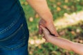 Father`s day. Dad and son. Dad holds the hand of a little son in the park. Little child holding hands with his father outdoors. Royalty Free Stock Photo