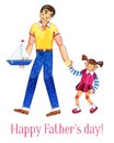 Father`s day hand drawn watercolor illustration with father and daughter walking together. Isolated on white background Royalty Free Stock Photo