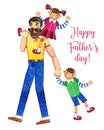 Father`s day hand drawn watercolor illustration with father walking and two kids. Girl sitting on shoulders, boy walking Royalty Free Stock Photo