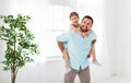 Father`s day. Happy family daughter hugging dad and laughs Royalty Free Stock Photo