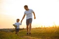 Father's day. Happy family father and toddler son playing and laughing on nature at sunset Royalty Free Stock Photo