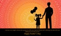 Father`s day illustration design in silhouette with balloons in daughter`s hand holding father hand with quote