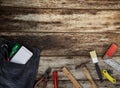 Various tools on wooden rustic background Royalty Free Stock Photo