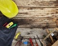 Various tools on wooden rustic background