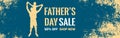 FatherÃ¢â¬â¢s Day panoramic sale banner with grunge effect and silhouette of dad and son. Poster with retro iron texture. Concept