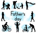 Father`s Day. Pastimes of father and son. Silhouettes of man and boy. Vector illustration Royalty Free Stock Photo