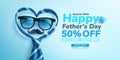 Father`s Day Sale poster or banner template with glasses and heart shape by necktie on blue background.Greetings and presents for Royalty Free Stock Photo