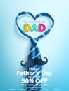 Father`s Day Sale poster or banner template with heart shape by necktie on blue background.Greetings and presents for Father`s D Royalty Free Stock Photo