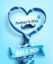 Father`s Day Sale poster or banner template with heart shape by necktie on blue background.Greetings and presents for Father`s D Royalty Free Stock Photo