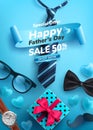 Father`s Day Sale poster with flatlay of Glasses,Necktie,Watch and Gifts for dad.Greetings and presents for Father`s Day.Promoti