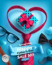 Father`s Day Sale poster with heart shape and necktie on blue background.Greetings and presents for Father`s Day.Promotion and Royalty Free Stock Photo