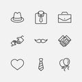 Father`s Day Set Line Vector Icons. Contains such Icons as Mustache, tie, shirt, handshake, diplomat, hat, coffee, purse