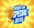 Father`s day special offer banner design with ribbons and winner cup