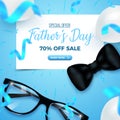 Father`s Day Special Offer. 70 percent Off Sale card design with frame, glasses, hat confetti and balloons Royalty Free Stock Photo