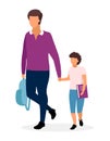 Father with schoolboy flat illustration. Older and younger brothers going to school holding hands cartoon characters. Teenage and