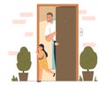 Father see off little girl going to school or outdoors. Dad standing at open front door at home Royalty Free Stock Photo